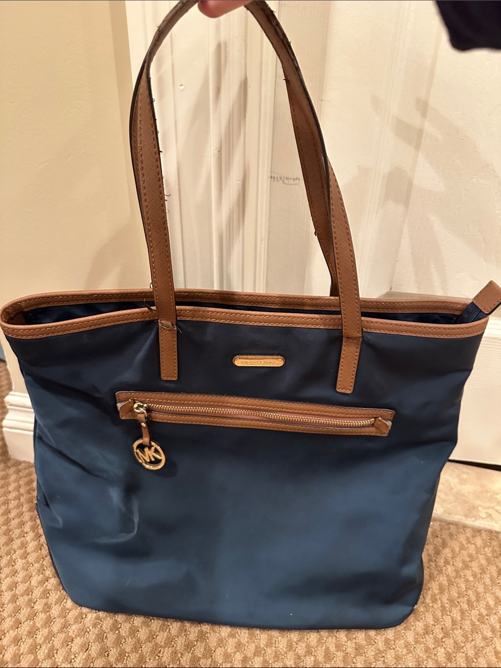 Michael Kors Navy and Brown Leather-Trim Tote